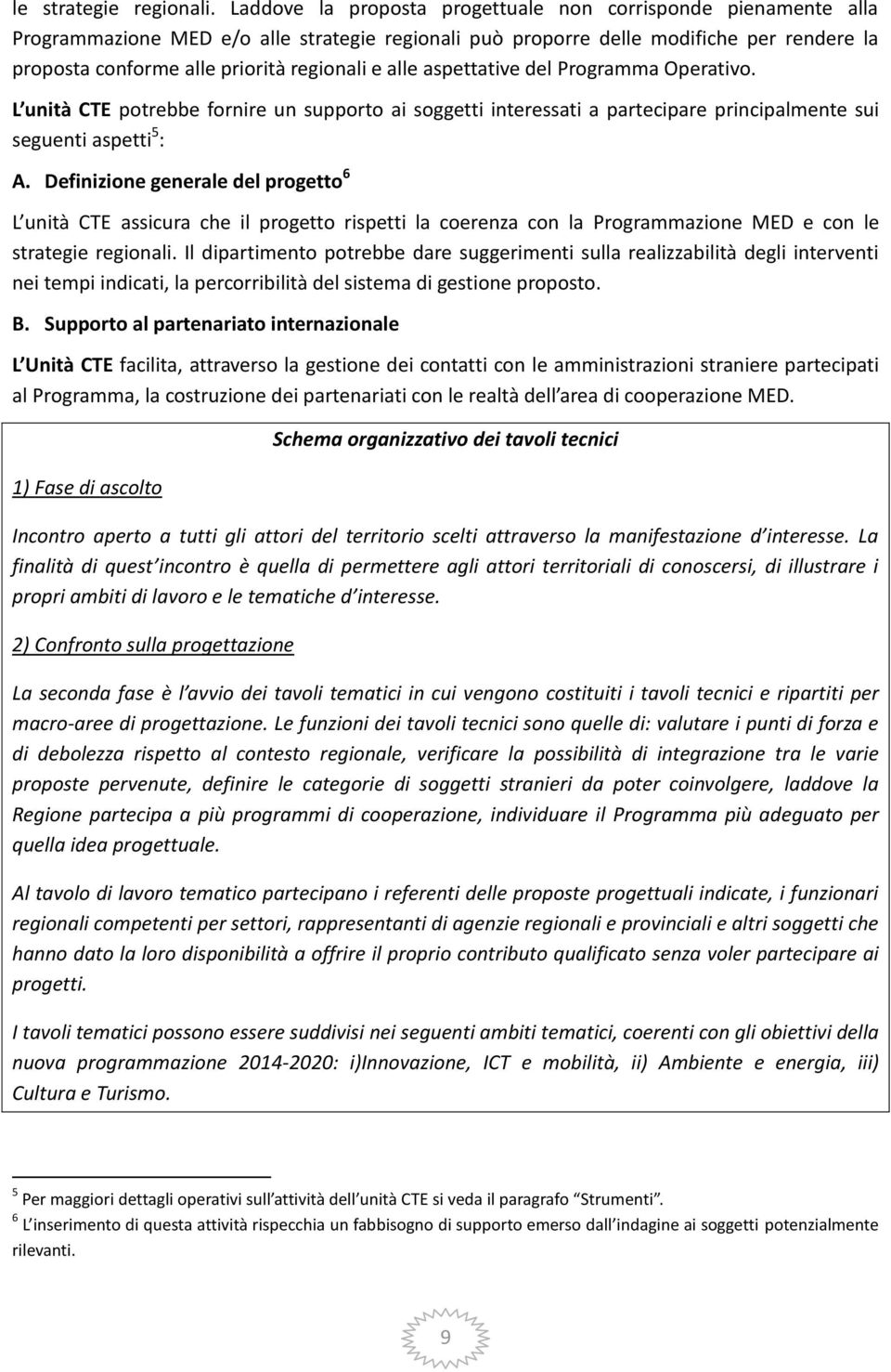 alle aspettative del Programma Operativo. L unità CTE potrebbe fornire un supporto ai soggetti interessati a partecipare principalmente sui seguenti aspetti 5 : A.