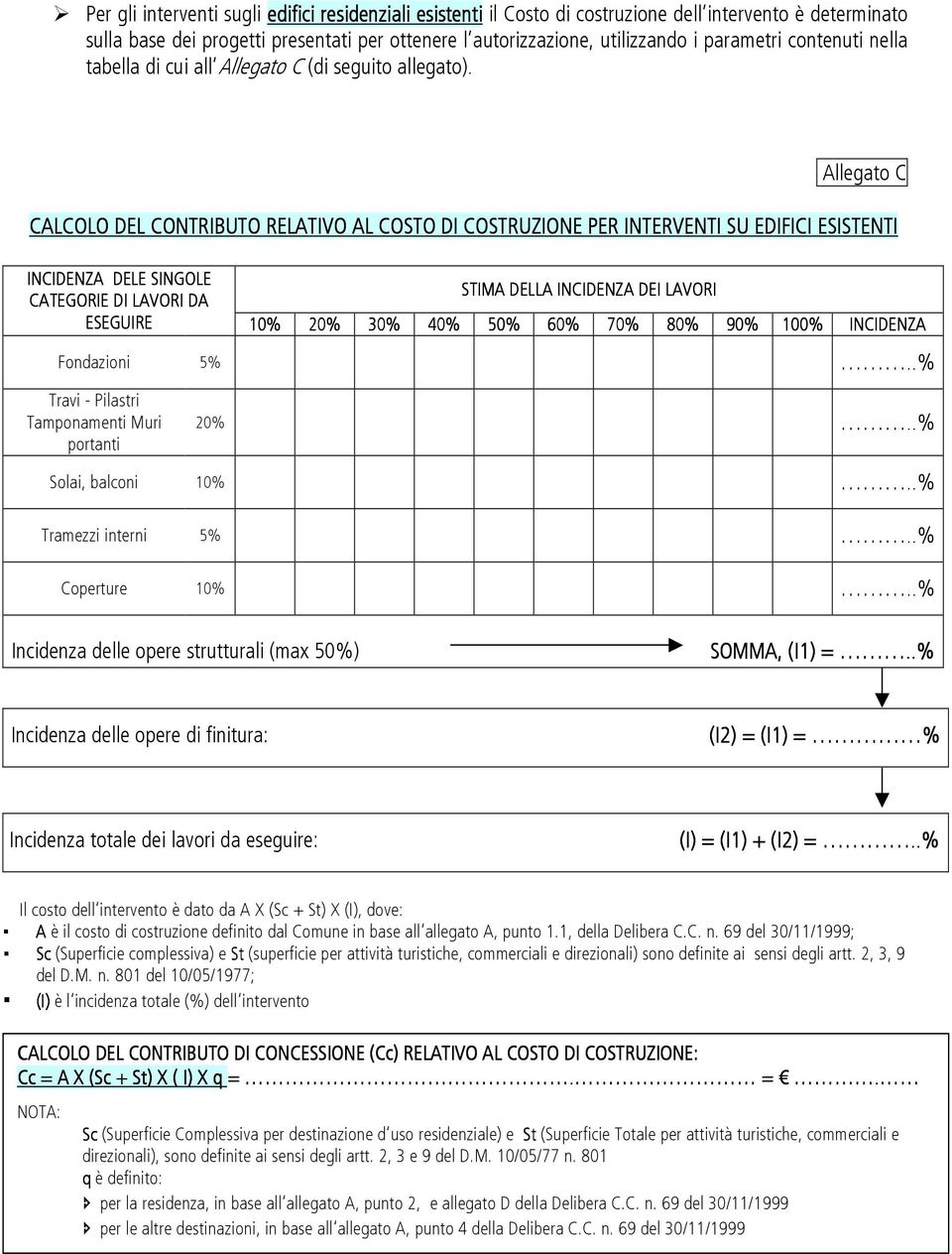 Allegato C CALCOLO DEL CONTRIBUTO RELATIVO AL COSTO DI COSTRUZIONE PER INTERVENTI SU EDIFICI ESISTENTI INCIDENZA DELE SINGOLE STIMA DELLA INCIDENZA DEI LAVORI CATEGORIE DI LAVORI DA ESEGUIRE 10% 20%