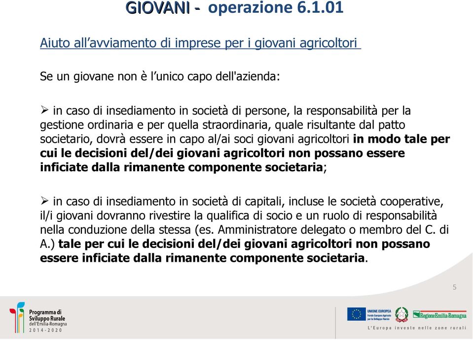 e per quella straordinaria, quale risultante dal patto societario, dovrà essere in capo al/ai soci giovani agricoltori in modo tale per cui le decisioni del/dei giovani agricoltori non possano essere