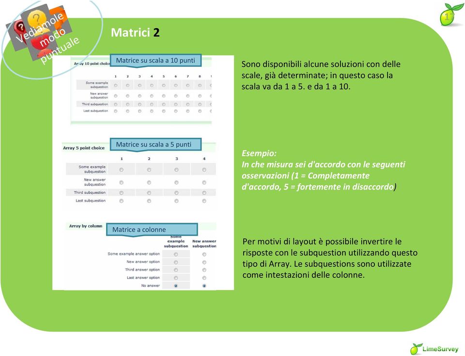 17 Matrice su scala a 5 punti Esempio: In che misura sei d'accordo con le seguenti osservazioni (1 = Completamente d'accordo, 5 =