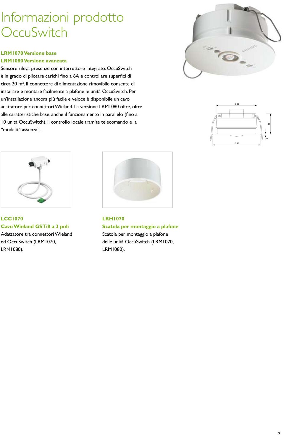 Il connettore di alimentazione rimovibile consente di installare e montare facilmente a plafone le unità OccuSwitch.