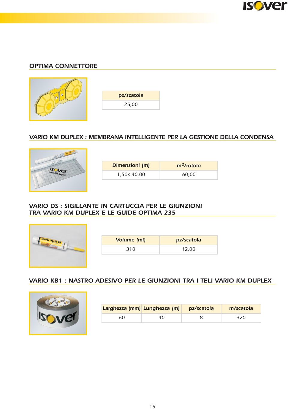 GIUNZIONI TRA VARIO KM DUPLEX E LE GUIDE OPTIMA 235 Volume (ml) pz/scatola 310 12,00 VARIO KB1 : NASTRO