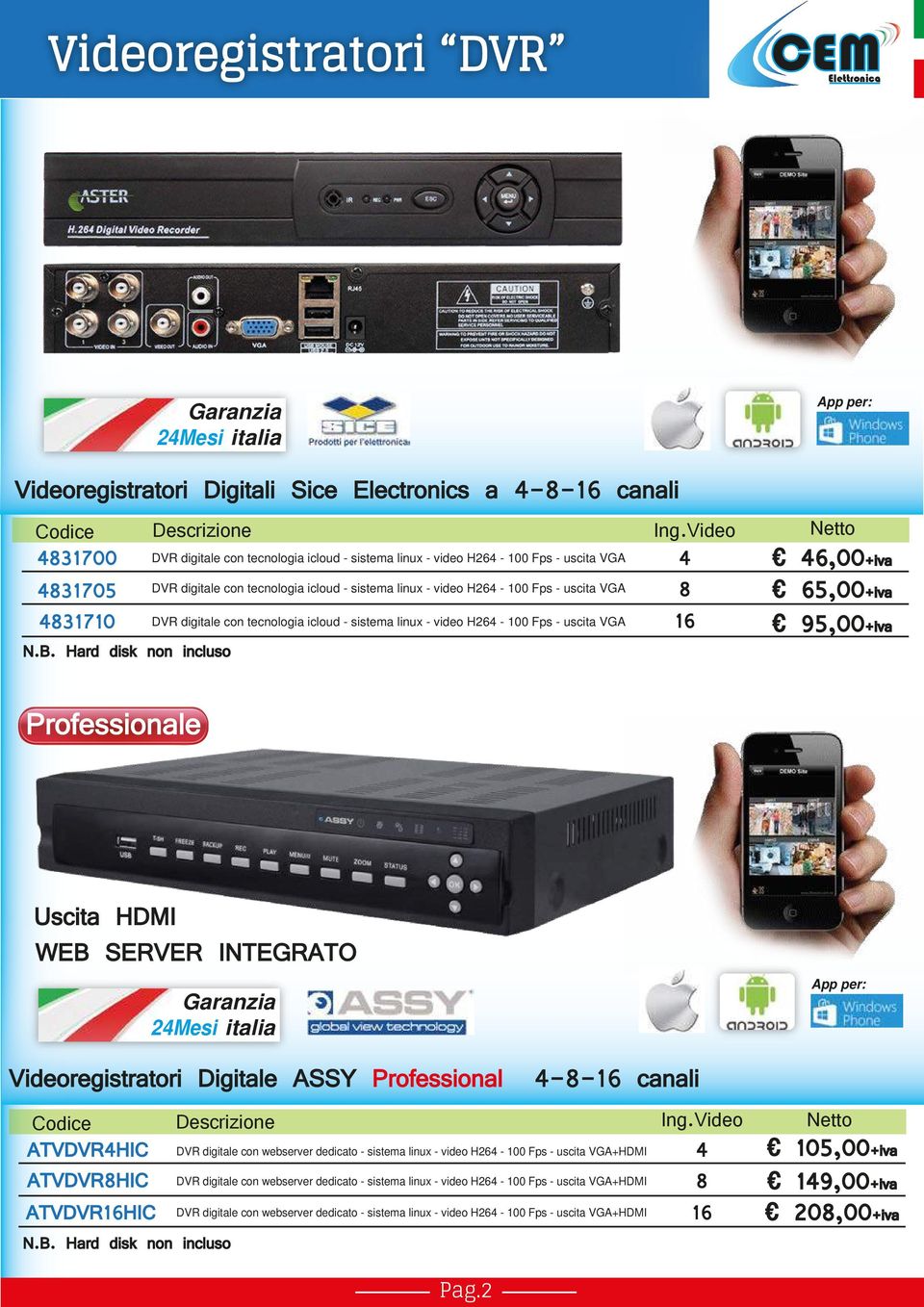 VGA 8 65,00iva 4831710 DVR digitale con tecnologia icloud - sistema linux - video H264-100 Fps - uscita VGA 16 95,00iva N.B.