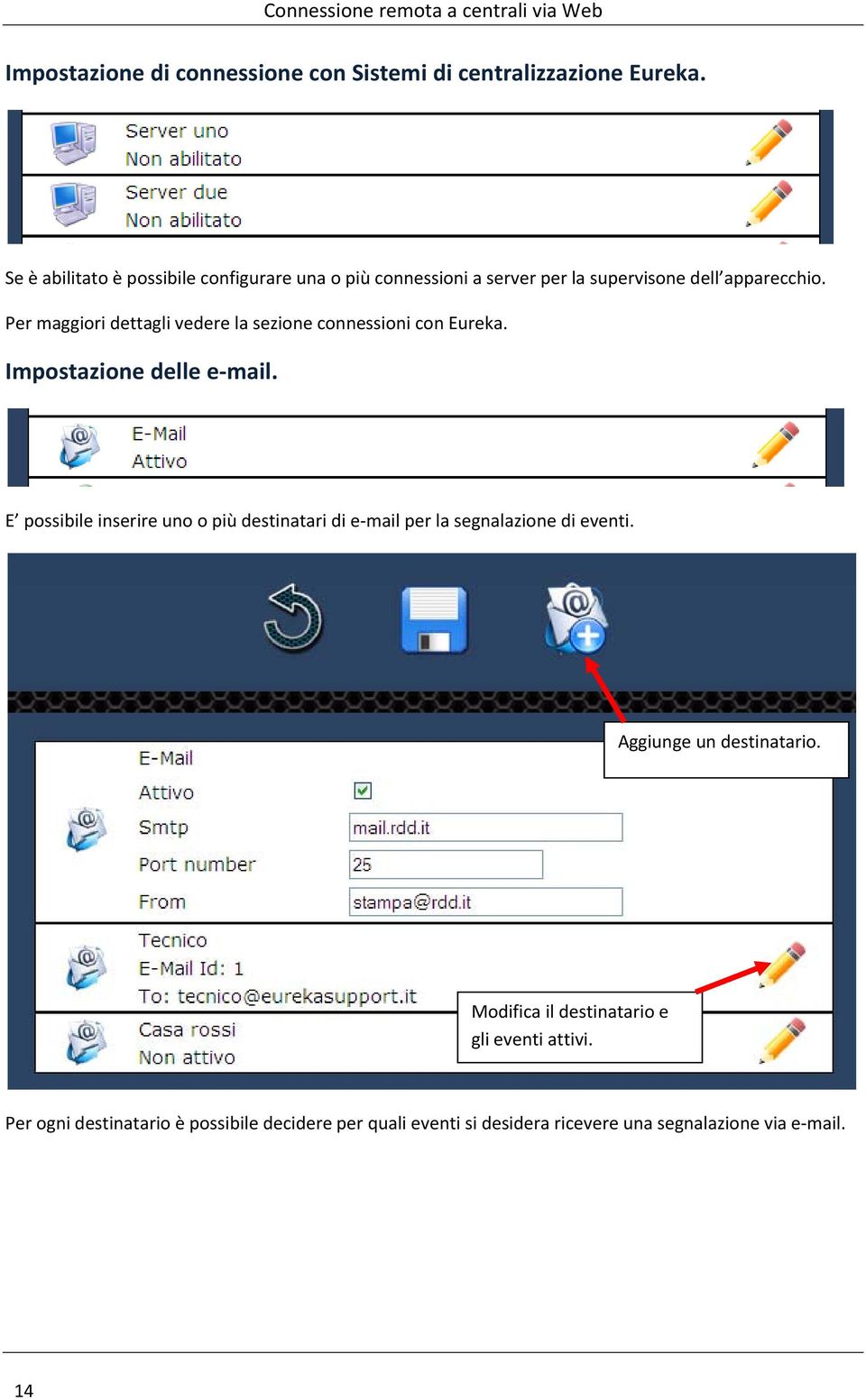 Per maggiori dettagli vedere la sezione connessioni con Eureka. Impostazione delle e mail.