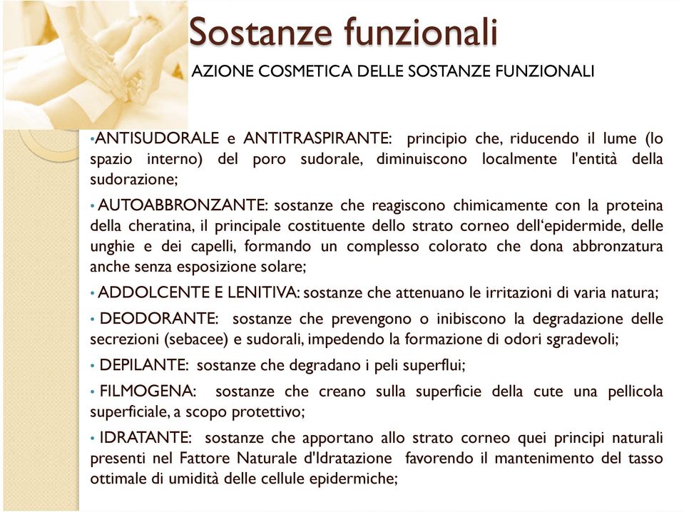 colorato che dona abbronzatura anche senza esposizione solare; ADDOLCENTE E LENITIVA: sostanze che attenuano le irritazioni di varia natura; DEODORANTE: sostanze che prevengono o inibiscono la