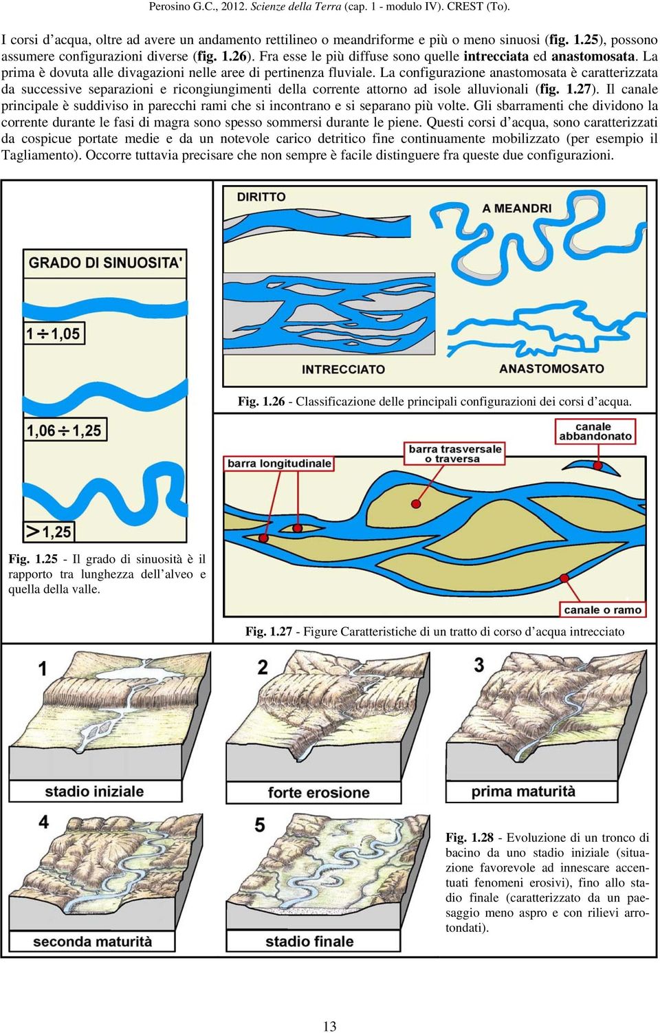 La configurazione anastomosata è caratterizzata da successive separazioni e ricongiungimenti della corrente attorno ad isole alluvionali (fig. 1.27).