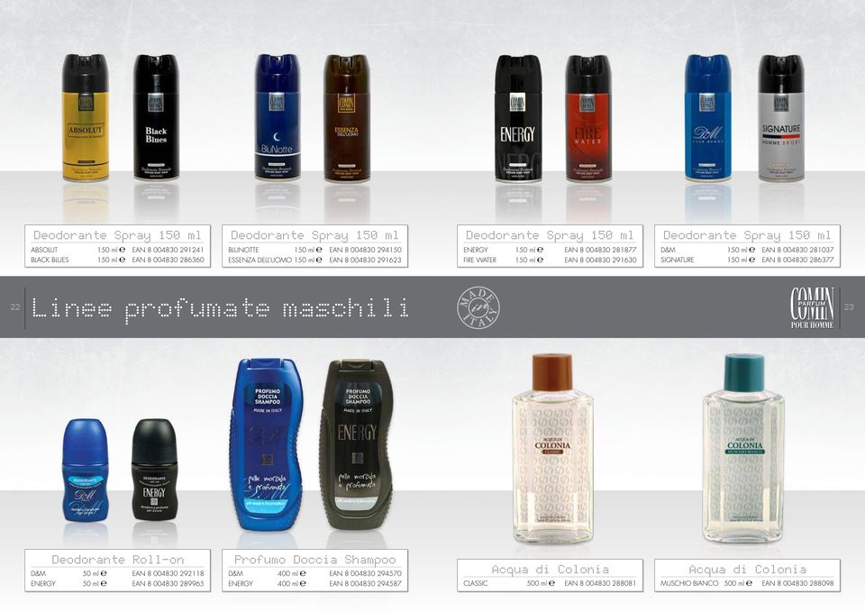 291630 SIGNATURE 150 ml ean 8 004830 286377 22 Linee profumate maschili 23 Deodorante Roll-on D&M 50 ml ean 8 004830 292118 Profumo Doccia Shampoo D&M 400 ml ean 8 004830