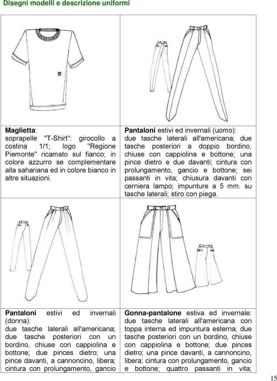 Pantaloni estivi ed invernali (uomo): due tasche laterali all'americana; due tasche posteriori a doppio bordino, chiuse con cappiolina e bottone; una pince dietro e due davanti; cintura con