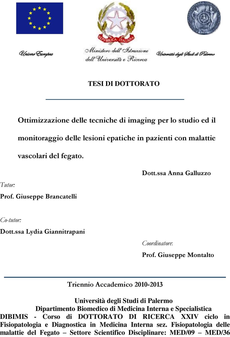 Giuseppe Montalto Triennio Accademico 2010-2013 Università degli Studi di Palermo Dipartimento Biomedico di Medicina Interna e Specialistica DIBIMIS - Corso di