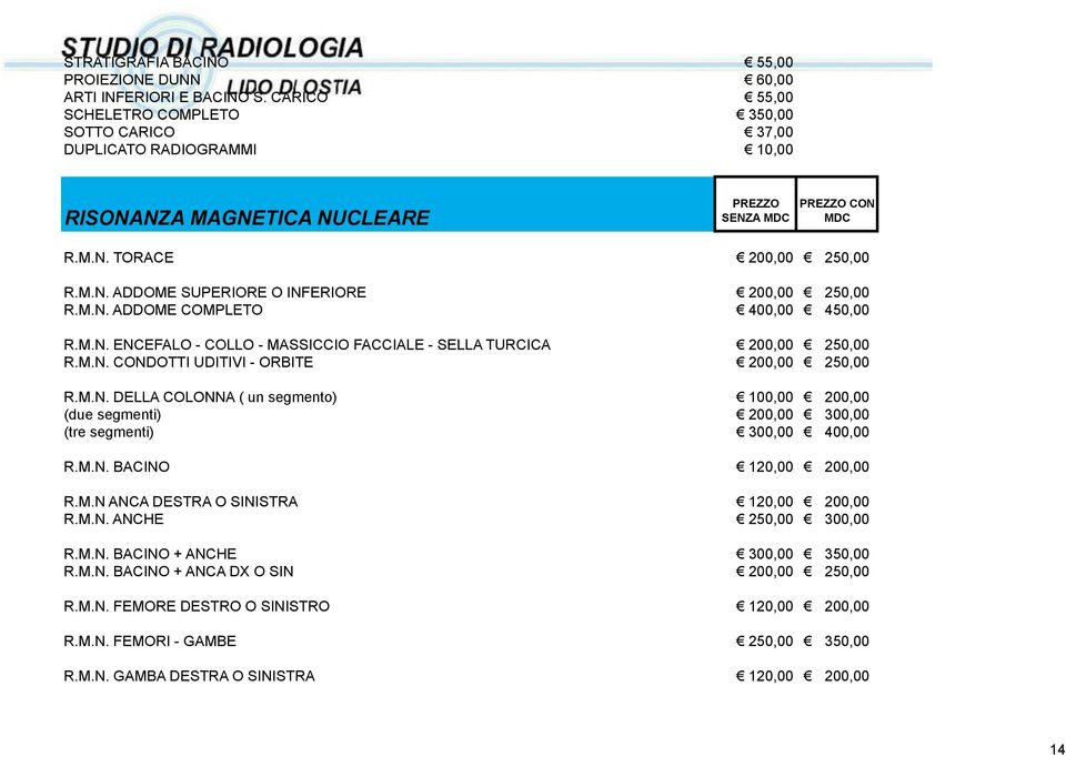 M.N. ADDOME COMPLETO 400,00 450,00 R.M.N. ENCEFALO - COLLO - MASSICCIO FACCIALE - SELLA TURCICA 200,00 250,00 R.M.N. CONDOTTI UDITIVI - ORBITE 200,00 250,00 R.M.N. DELLA COLONNA ( un segmento) 100,00 200,00 (due segmenti) 200,00 300,00 (tre segmenti) 300,00 400,00 R.