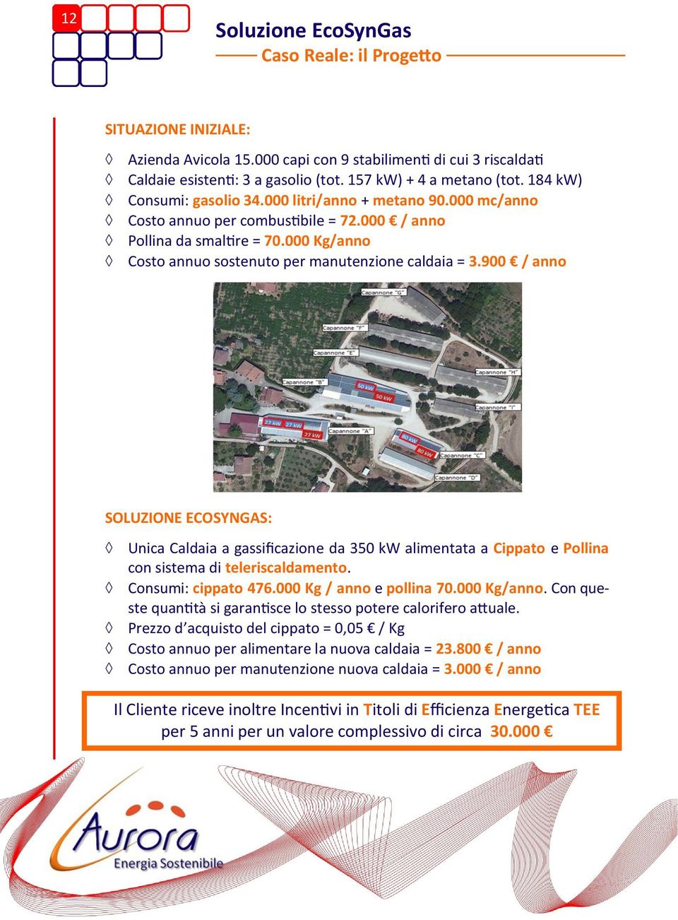 900 / anno SOLUZIONE ECOSYNGAS: Unica Caldaia a gassificazione da 350 kw alimentata a Cippato e Pollina con sistema di teleriscaldamento. Consumi: cippato 476.000 Kg / anno e pollina 70.000 Kg/anno.