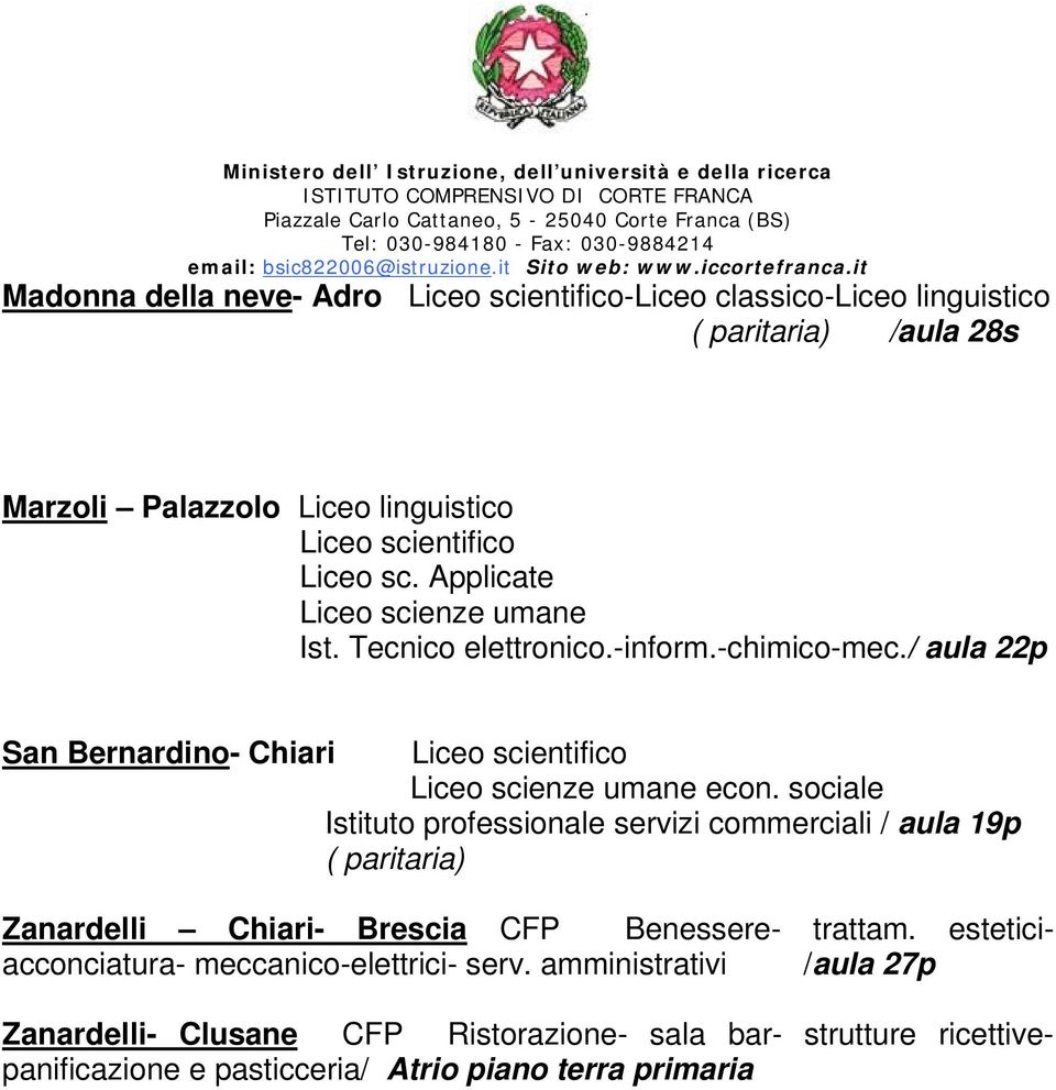 sociale Istituto professionale servizi commerciali / aula 19p ( paritaria) Zanardelli Chiari- Brescia CFP Benessere- trattam.