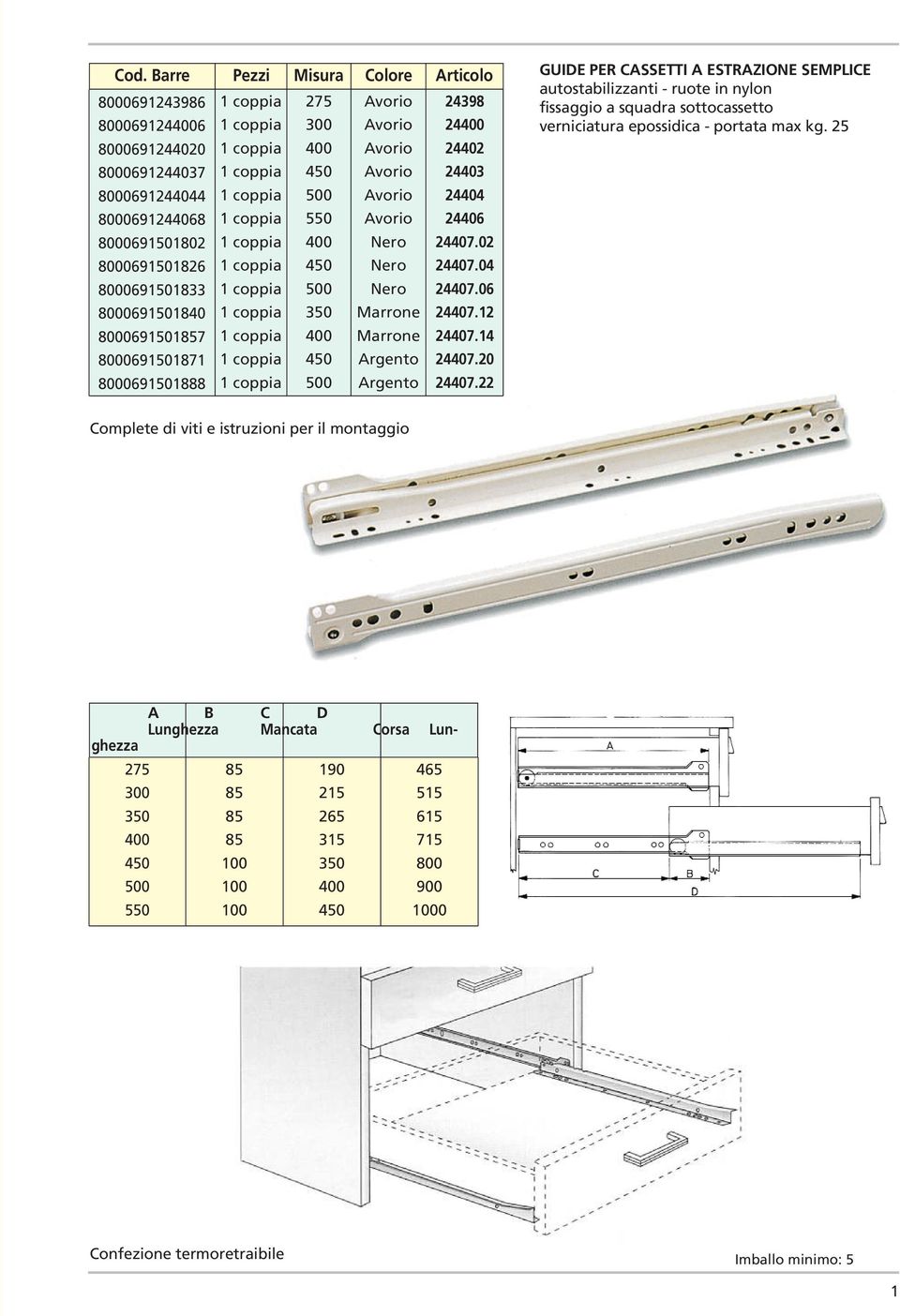 0 4407.04 4407.06 4407. 4407.4 4407.0 4407. GUIDE PER CASSETTI A ESTRAZIONE SEMPLICE autostabilizzanti - ruote in nylon fissaggio a squadra sottocassetto verniciatura epossidica - portata max kg.