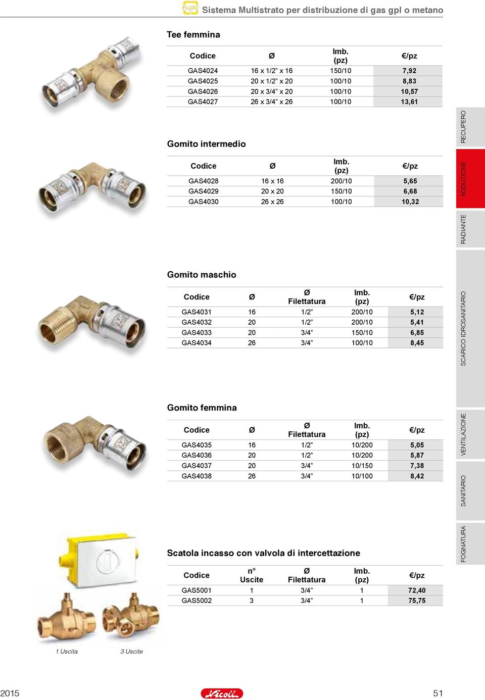 GAS4033 20 3/4 150/10 6,85 GAS4034 26 3/4 100/10 8,45 Gomito femmina GAS4035 16 1/2 10/200 5,05 GAS4036 20 1/2 10/200 5,87 GAS4037 20 3/4 10/150 7,38 GAS4038 26 3/4 10/100 8,42