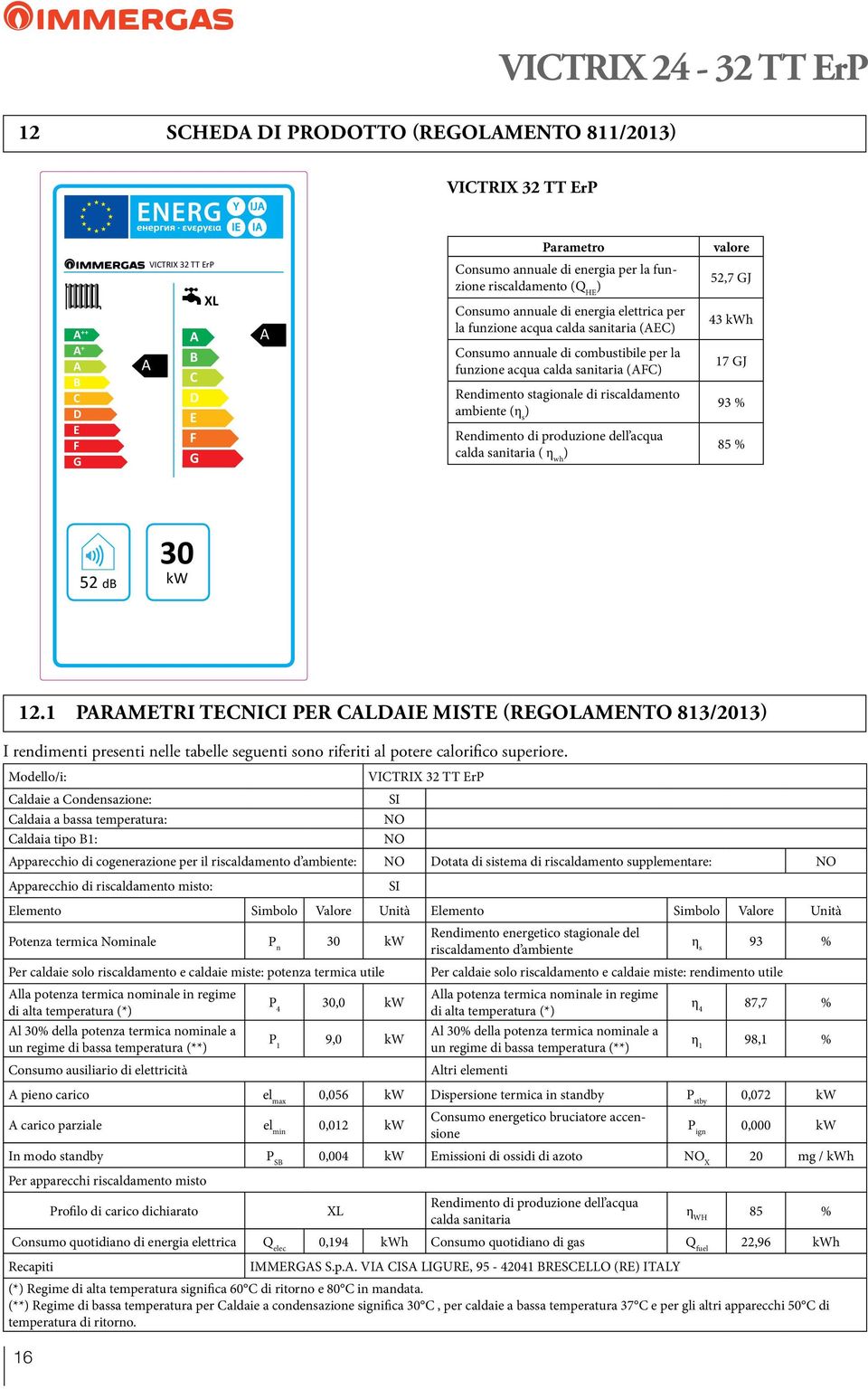 riscaldamento ambiente (η s ) Rendimento di produzione dell acqua calda sanitaria ( η wh ) 52,7 GJ 43 kwh 17 GJ 93 % 85 % 52 db 30 kw 12.