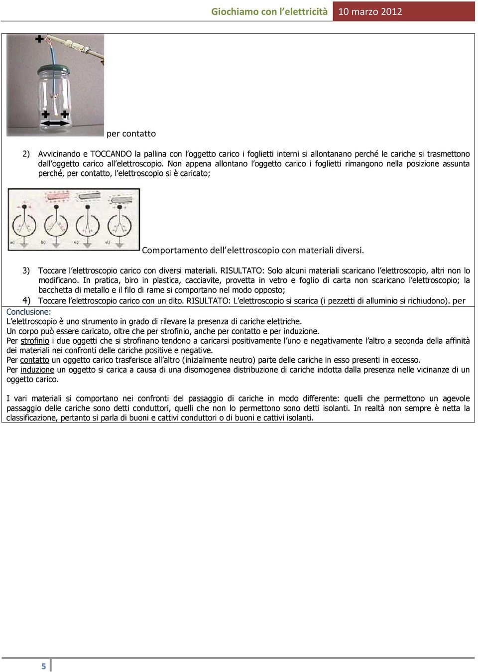 3) Toccare l elettroscopio carico con diversi materiali. RISULTATO: Solo alcuni materiali scaricano l elettroscopio, altri non lo modificano.