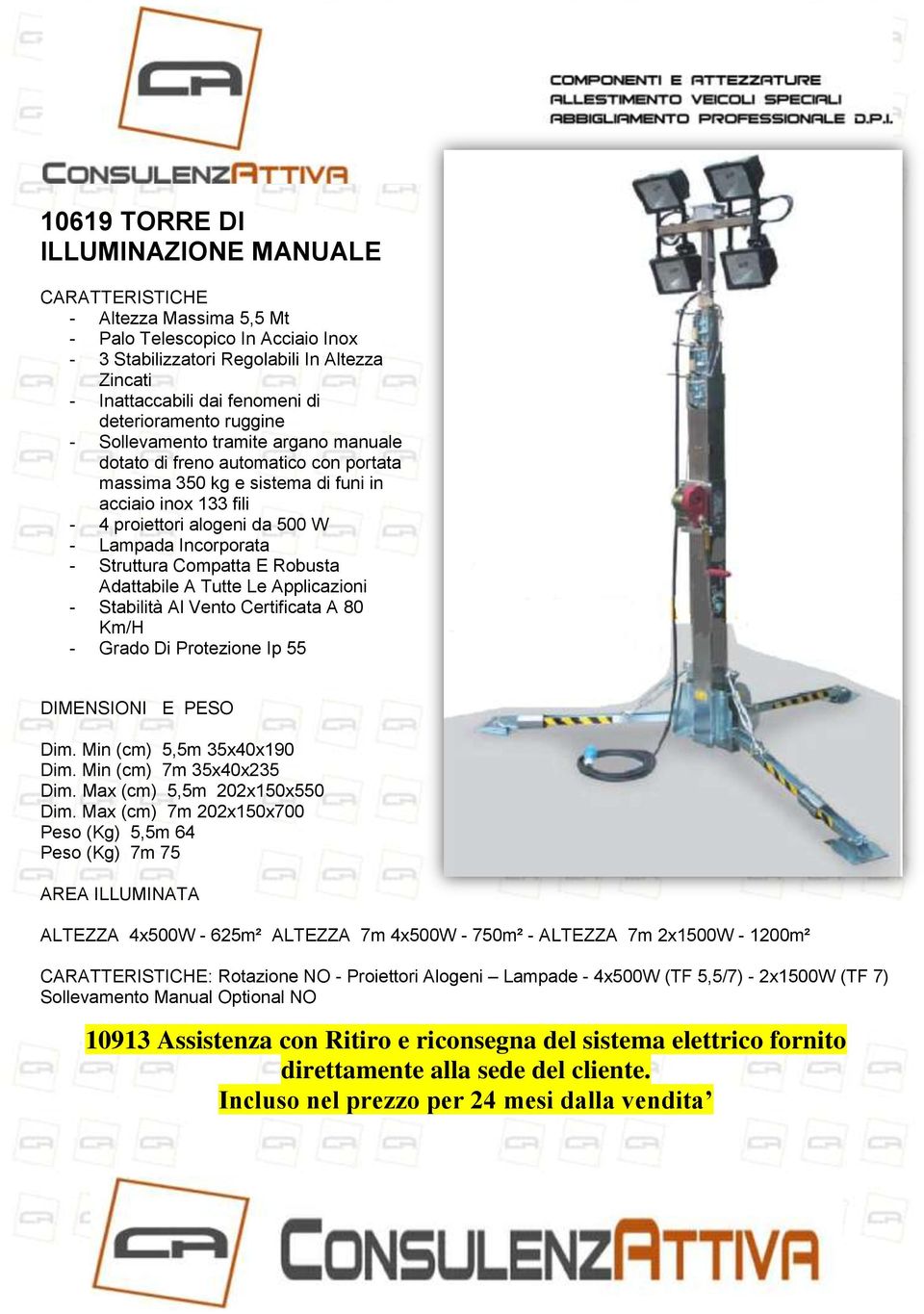 Incorporata - Struttura Compatta E Robusta Adattabile A Tutte Le Applicazioni - Stabilità Al Vento Certificata A 80 Km/H - Grado Di Protezione Ip 55 DIMENSIONI E PESO Dim. Min (cm) 5,5m 35x40x190 Dim.