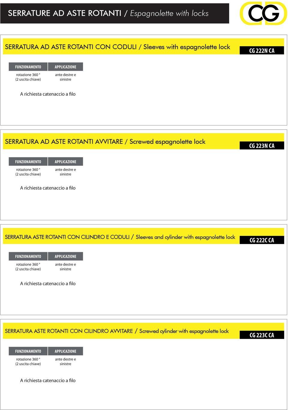 catenaccio a filo SERRATURA ASTE ROTANTI CON CILINDRO E CODULI / Sleeves and cylinder with espagnolette lock CG 222C CA (2 uscita chiave) ante destre e sinistre A richiesta