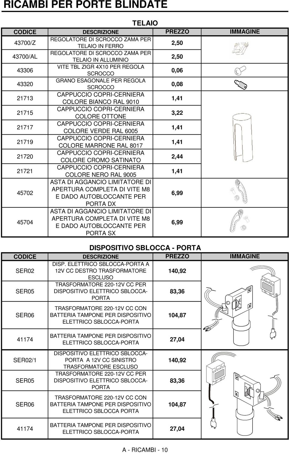 COPRI-CERNIERA COLORE MARRONE RAL 8017 1,1 21720 CAPPUCCIO COPRI-CERNIERA COLORE CROMO SATINATO 2, 21721 CAPPUCCIO COPRI-CERNIERA COLORE NERO RAL 9005 1,1 5702 ASTA DI AGGANCIO LIMITATORE DI APERTURA