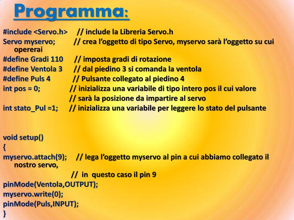 comanda la ventola #define Puls 4 // Pulsante collegato al piedino 4 int pos = 0; // inizializza una variabile di tipo intero pos il cui valore // sarà la posizione da