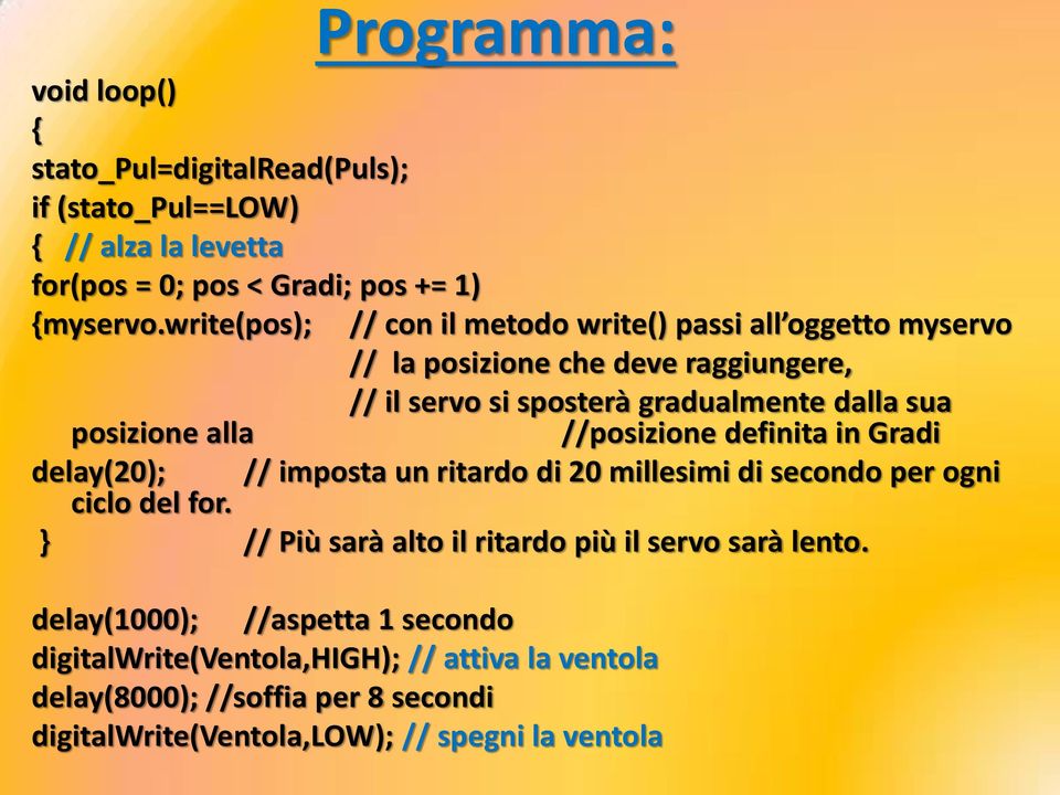 alla //posizione definita in Gradi delay(20); // imposta un ritardo di 20 millesimi di secondo per ogni ciclo del for.