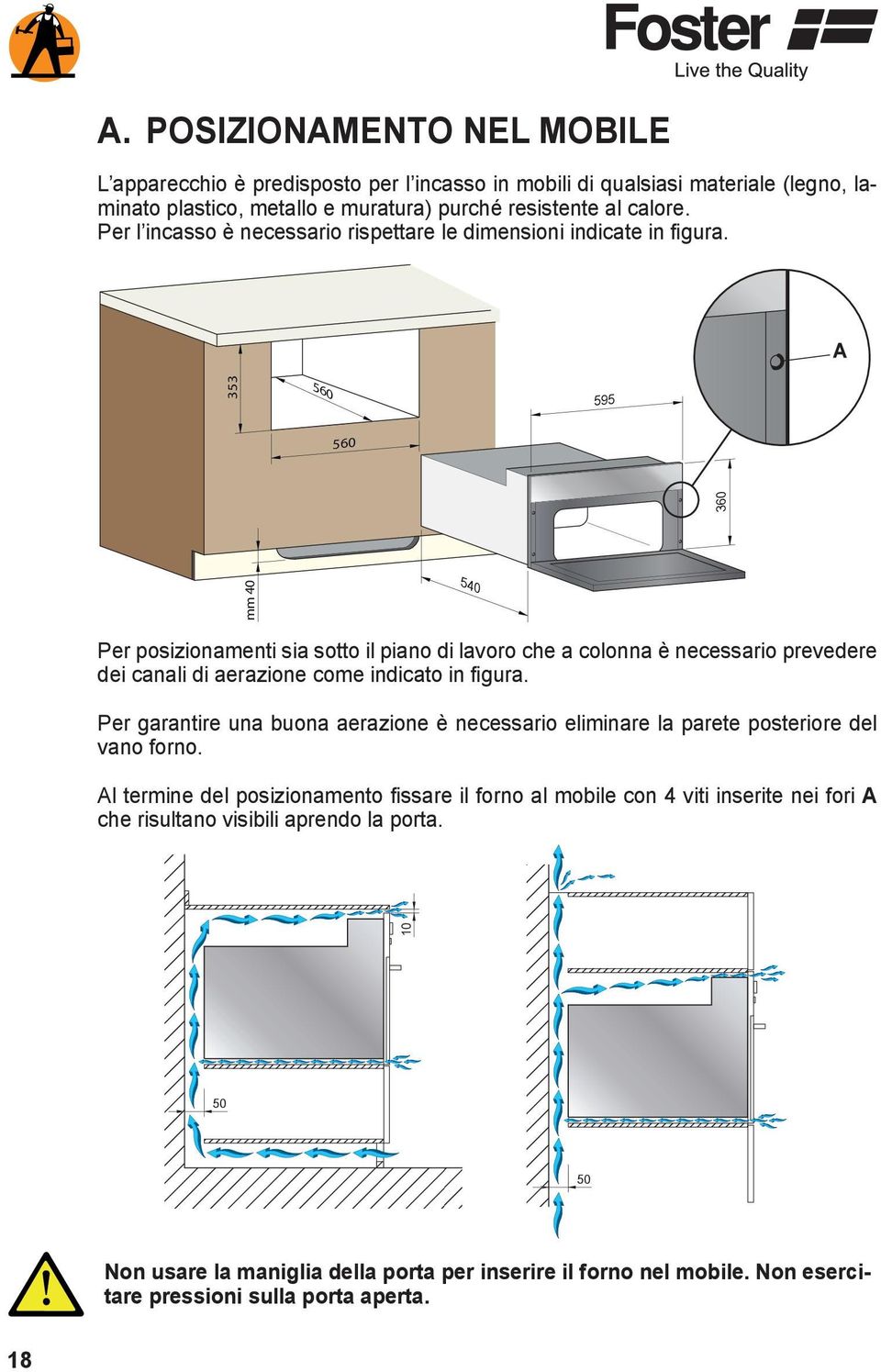 595 mm 40 353 560 560 540 Per posizionamenti sia sotto il piano di lavoro che a colonna è necessario prevedere dei canali di aerazione come indicato in figura.