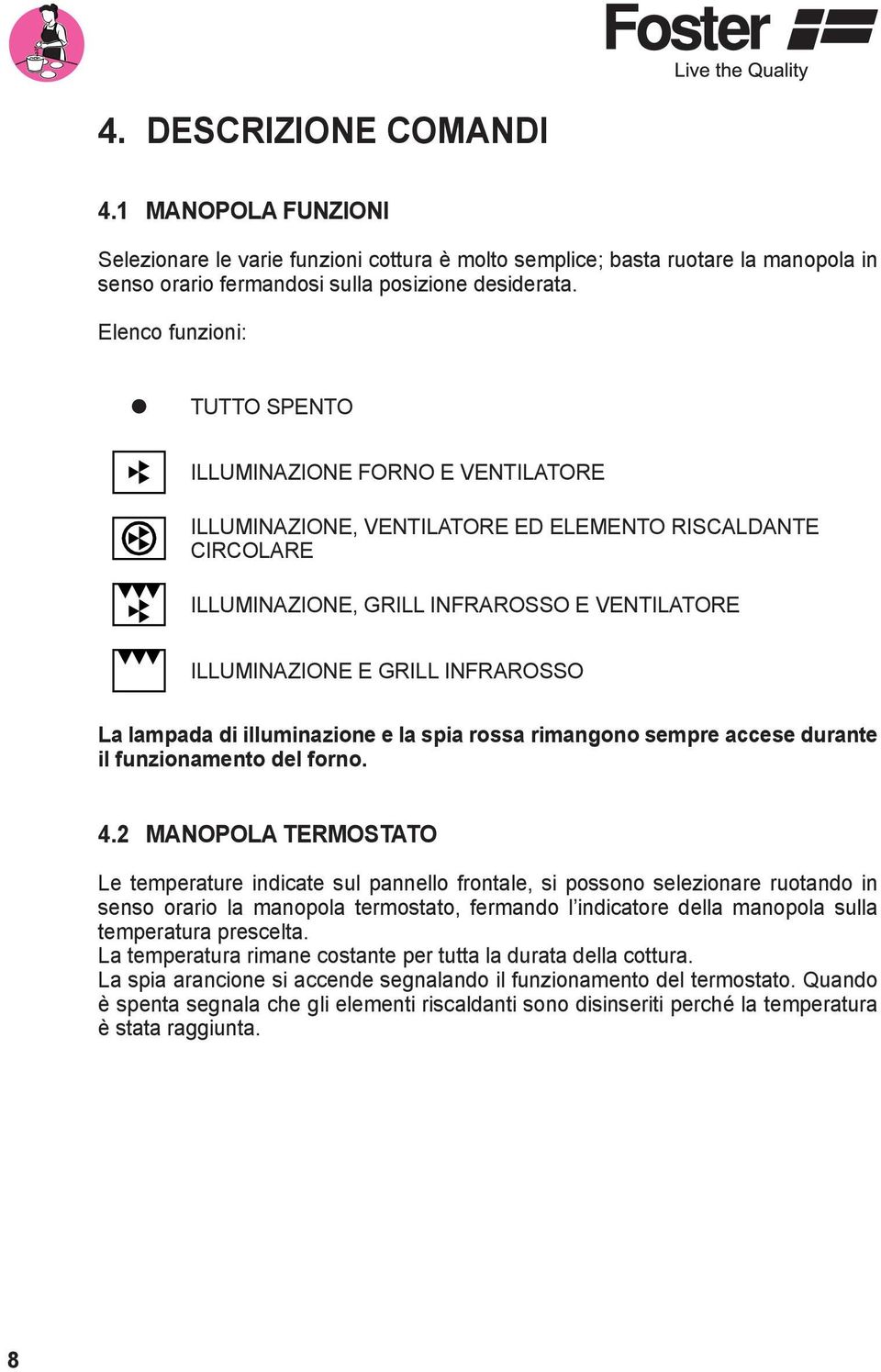 INFRAROSSO La lampada di illuminazione e la spia rossa rimangono sempre accese durante il funzionamento del forno. 4.