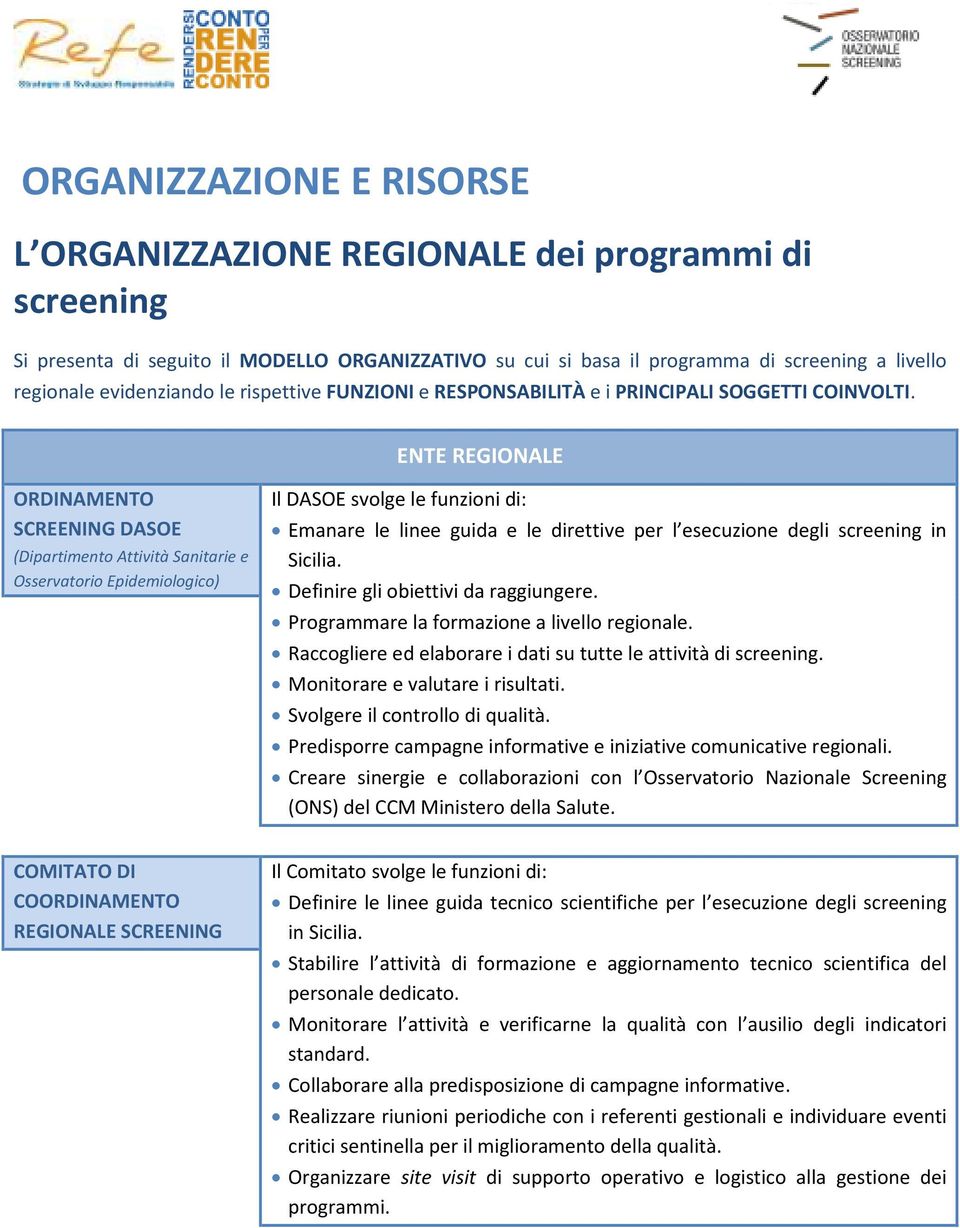 ENTE REGIONALE ORDINAMENTO SCREENING DASOE (Dipartimento Attività Sanitarie e Osservatorio Epidemiologico) Il DASOE svolge le funzioni di: Emanare le linee guida e le direttive per l esecuzione degli