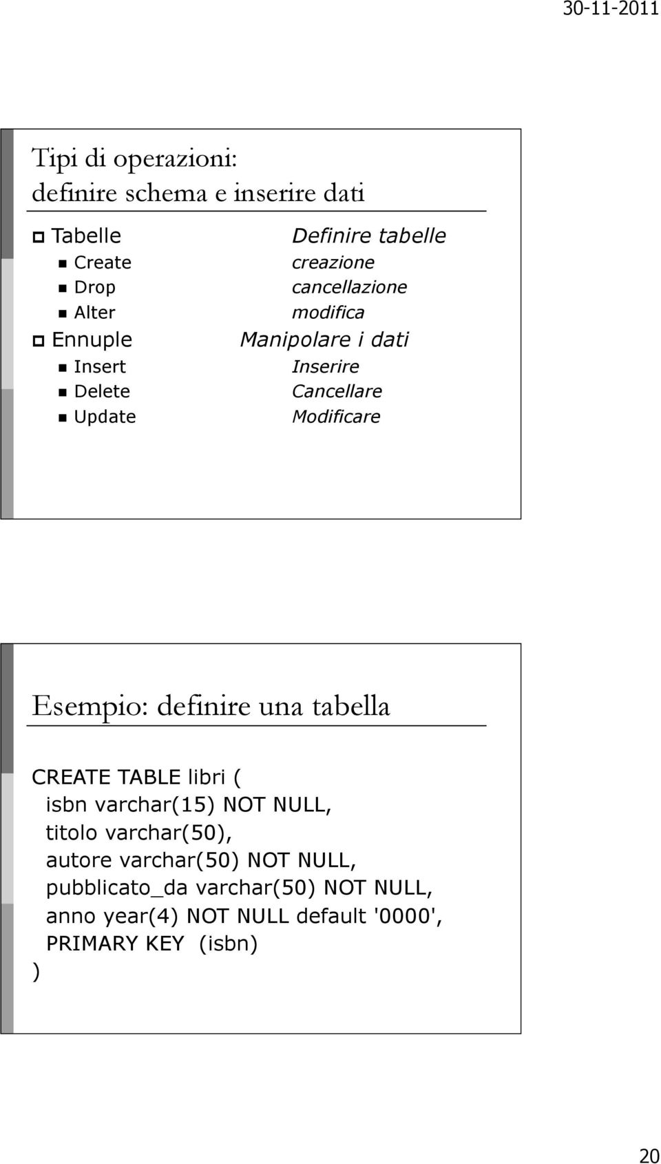 definire una tabella CREATE TABLE libri ( isbn varchar(15) NOT NULL, titolo varchar(50), autore varchar(50)