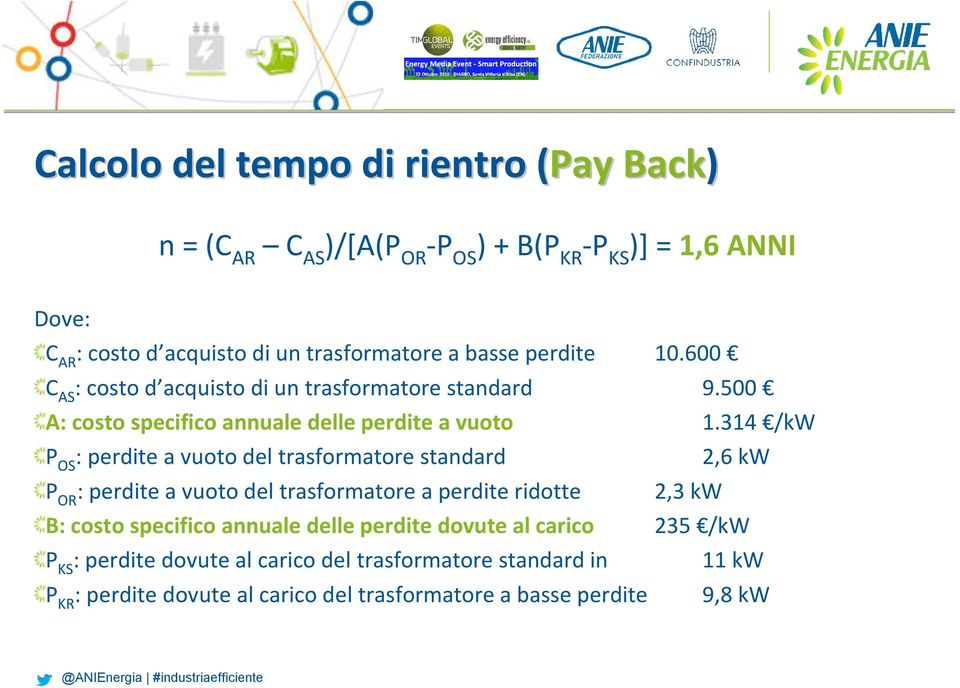 314 /kw P OS : perdite a vuoto del trasformatore standard 2,6 kw P OR : perdite a vuoto del trasformatore a perdite ridotte 2,3 kw B: costo specifico