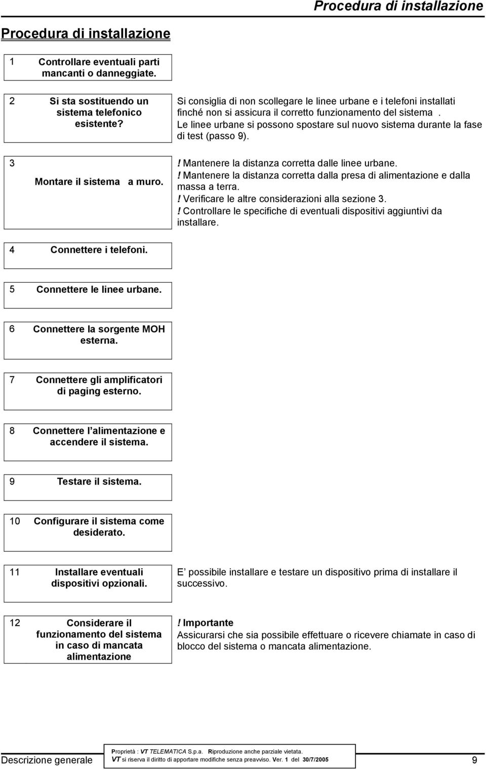 Le linee urbane si possono spostare sul nuovo sistema durante la fase di test (passo 9). 3 Montare il sistema a muro.! Mantenere la distanza corretta dalle linee urbane.