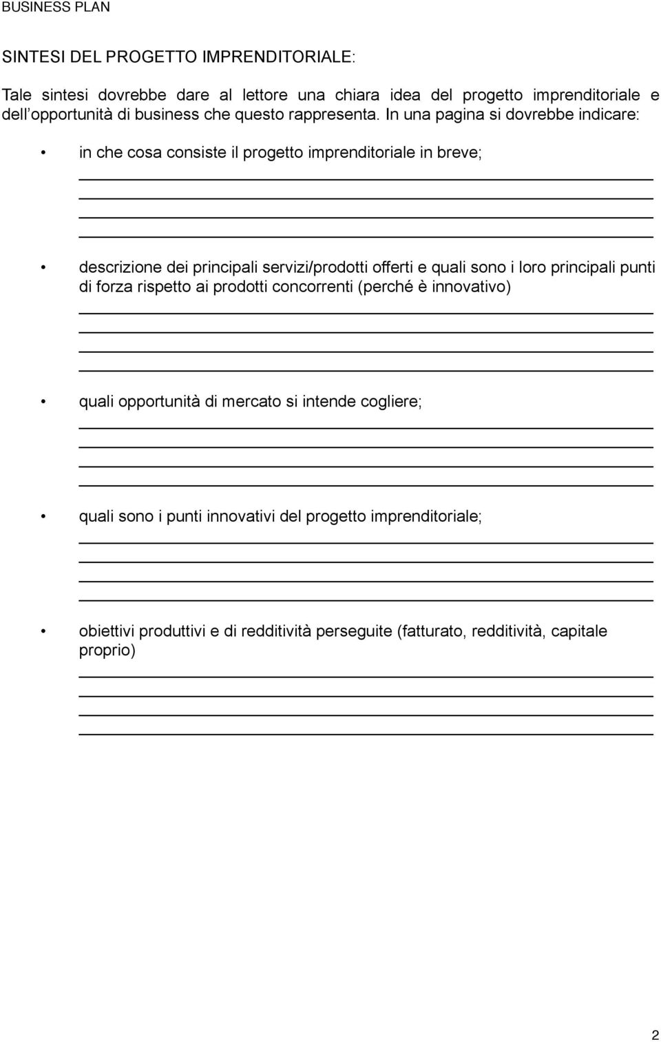 In una pagina si dovrebbe indicare: in che cosa consiste il progetto imprenditoriale in breve; descrizione dei principali servizi/prodotti offerti e quali