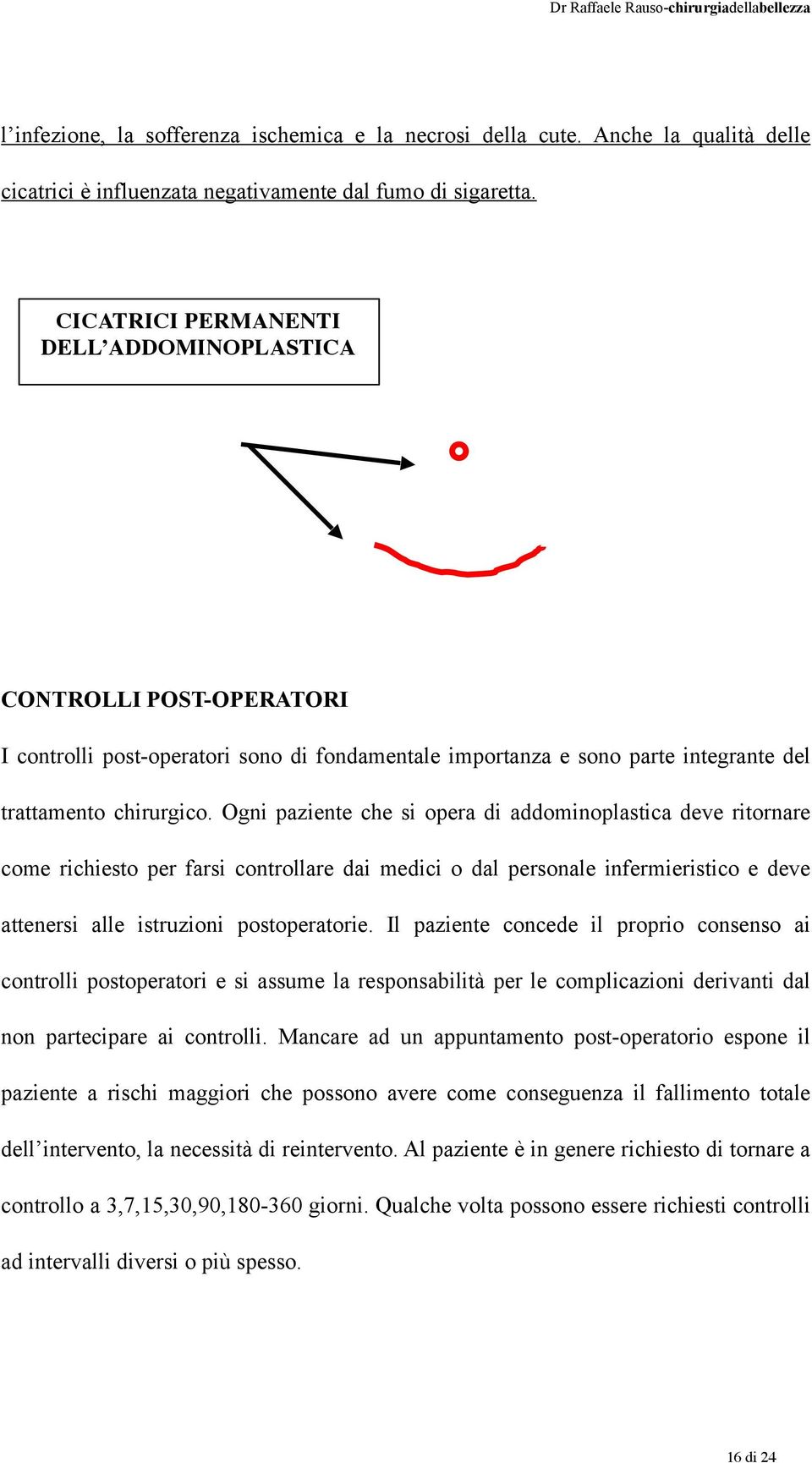 Ogni paziente che si opera di addominoplastica deve ritornare come richiesto per farsi controllare dai medici o dal personale infermieristico e deve attenersi alle istruzioni postoperatorie.