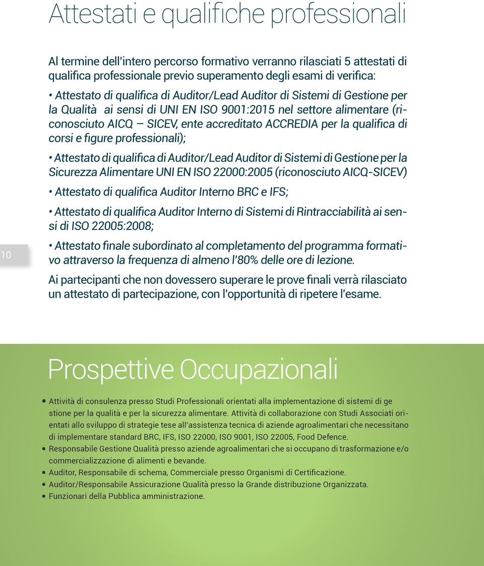 corsi e figure professionali); Attestato di qualifica di Auditor/Lead Auditor di Sistemi di Gestione per la Sicurezza Alimentare UNI EN ISO 22000:2005 (riconosciuto AICQ-SICEV) Attestato di qualifica