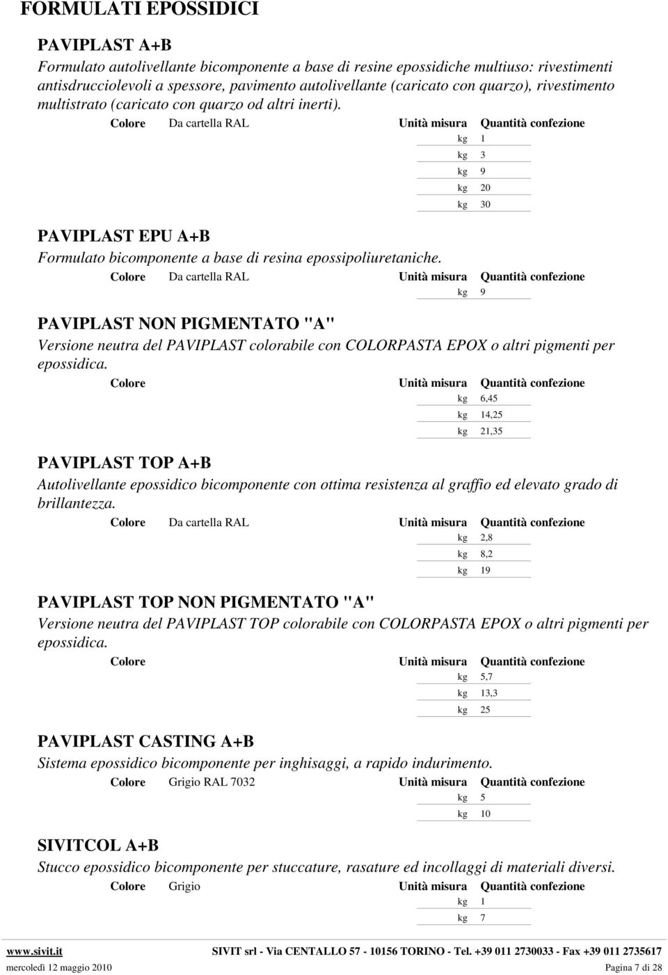 Colore Da cartella RAL Unità misura Quantità confezione kg 3 kg 9 kg 20 kg 30 PAVIPLAST EPU A+B Formulato bicomponente a base di resina epossipoliuretaniche.