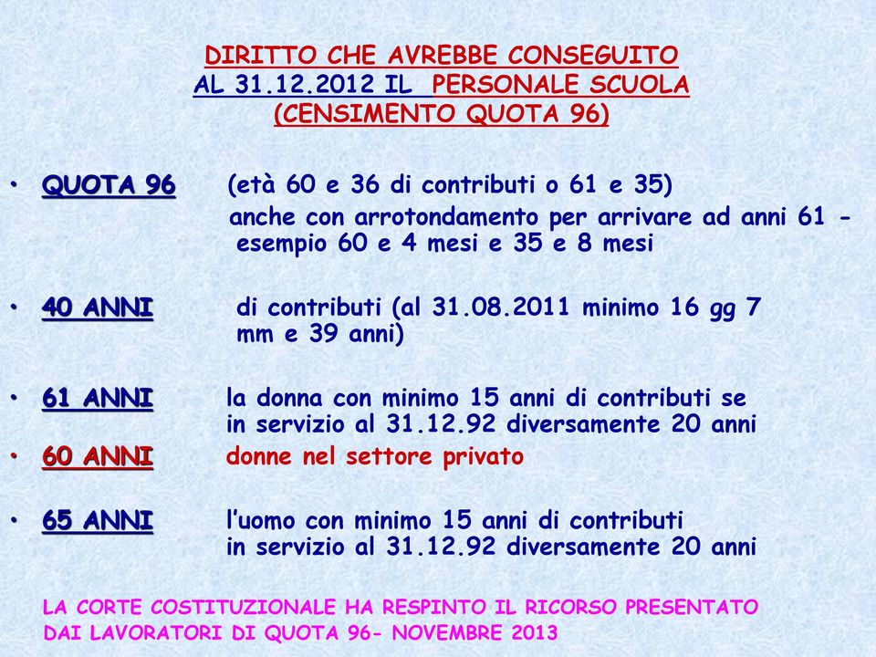 - esempio 60 e 4 mesi e 35 e 8 mesi 40 ANNI di contributi (al 31.08.