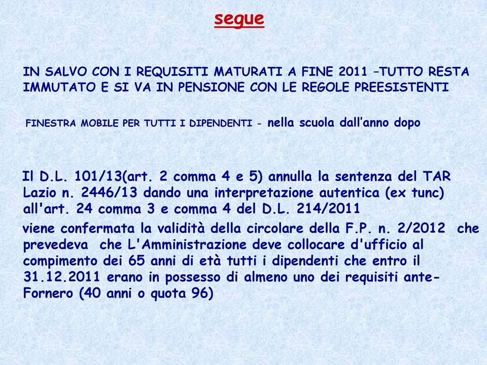 24 comma 3 e comma 4 del D.L. 214/2011 viene confermata la validità della circolare della F.P. n.