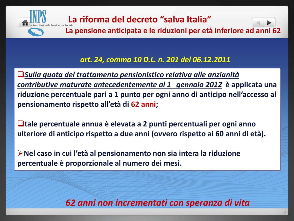 punto per ogni anno di anticipo nell accesso al pensionamento rispetto all età di 62 anni; tale percentuale annua è elevata a 2 punti percentuali per ogni anno ulteriore di