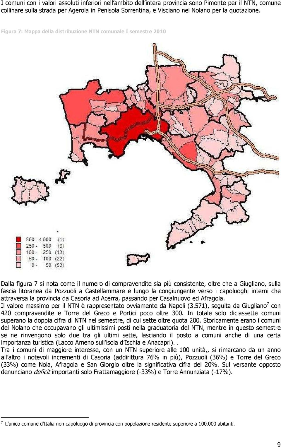 Figura 7: Mappa della distribuzione NTN comunale I semestre 2010 Dalla figura 7 si nota come il numero di compravendite sia più consistente, oltre che a Giugliano, sulla fascia litoranea da Pozzuoli