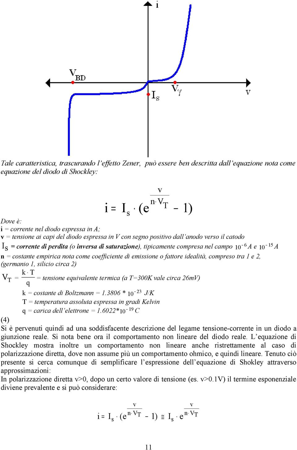 costante empirica nota come coefficiente di emissione o fattore idealità, compreso tra 1 e 2, (germanio 1, silicio circa 2) VT = k T = tensione equivalente termica (a T=300K vale circa 26mV) q k =