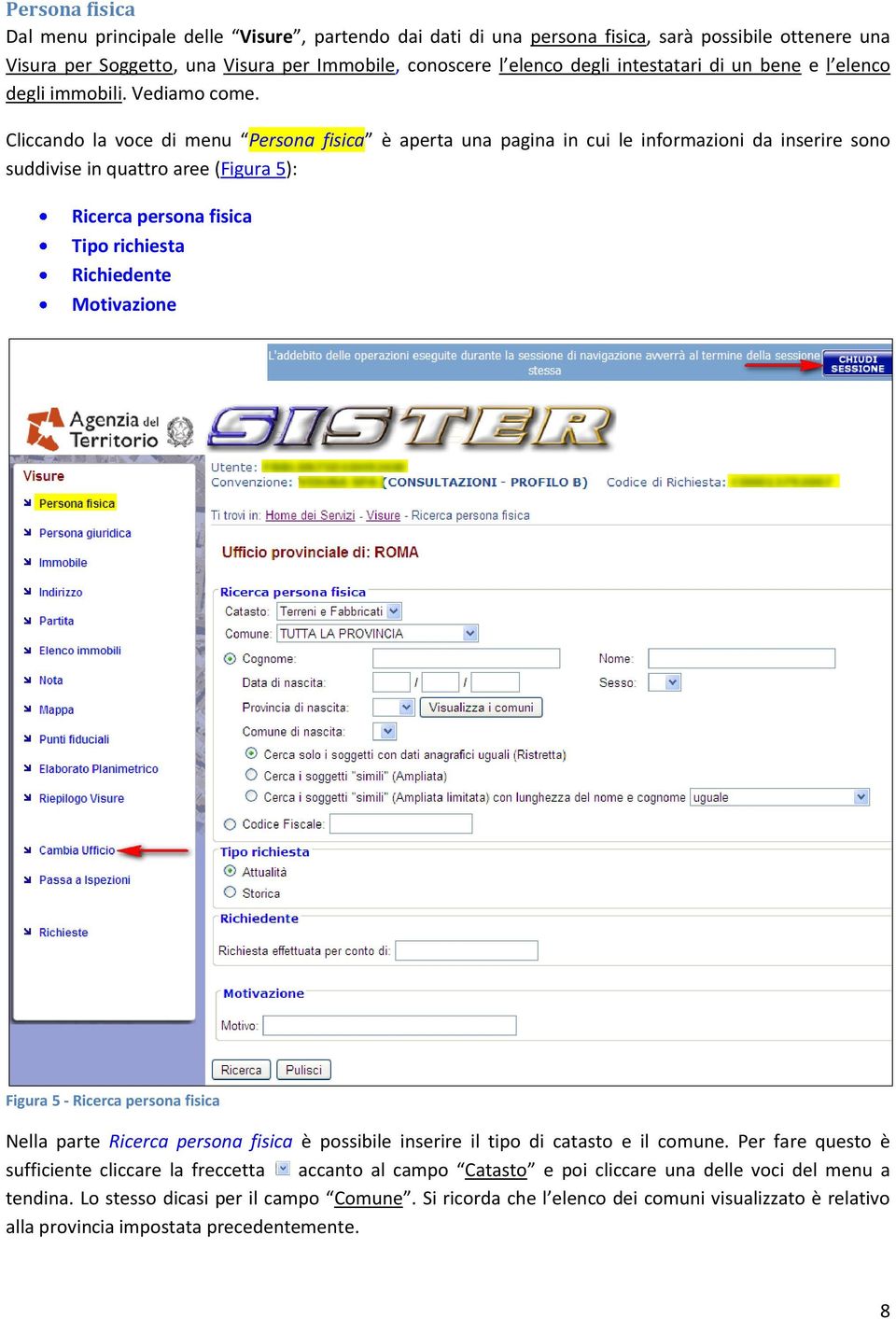 Cliccando la voce di menu Persona fisica è aperta una pagina in cui le informazioni da inserire sono suddivise in quattro aree (Figura 5): Ricerca persona fisica Tipo richiesta Richiedente