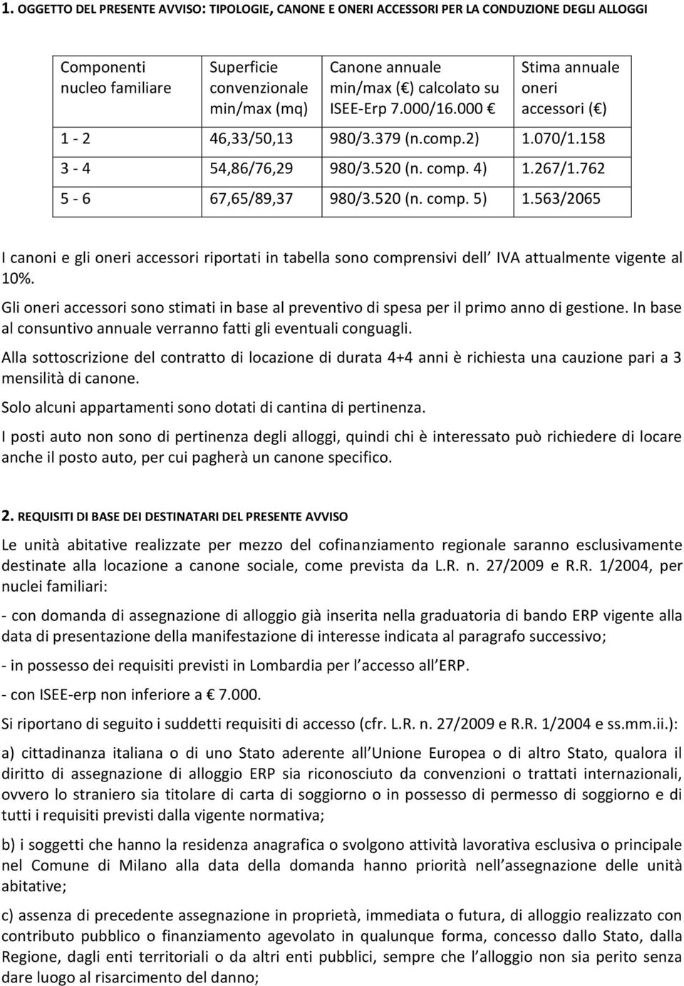 563/2065 I canoni e gli oneri accessori riportati in tabella sono comprensivi dell IVA attualmente vigente al 10%.