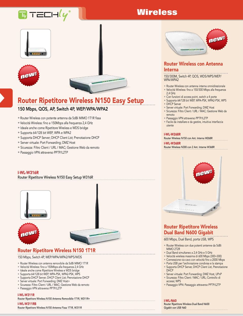 DMZ Host Sicurezza: Filtro Client / URL / MAC; Gestione Web da remoto Passaggio VPN attraverso PPTP/L2TP Router Wireless con Antenna Interna 150/300M, Switch 4P, QOS, WDS/WPS/WEP/ WPA/WPA2 Router