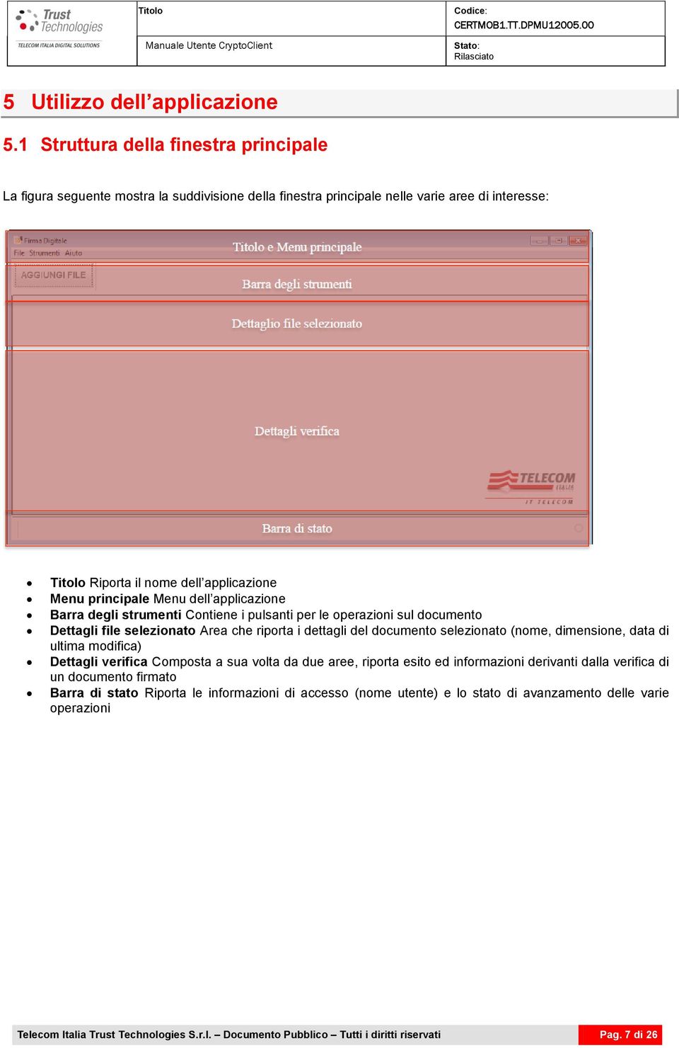 Menu dell applicazione Barra degli strumenti Contiene i pulsanti per le operazioni sul documento Dettagli file selezionato Area che riporta i dettagli del documento selezionato (nome, dimensione,