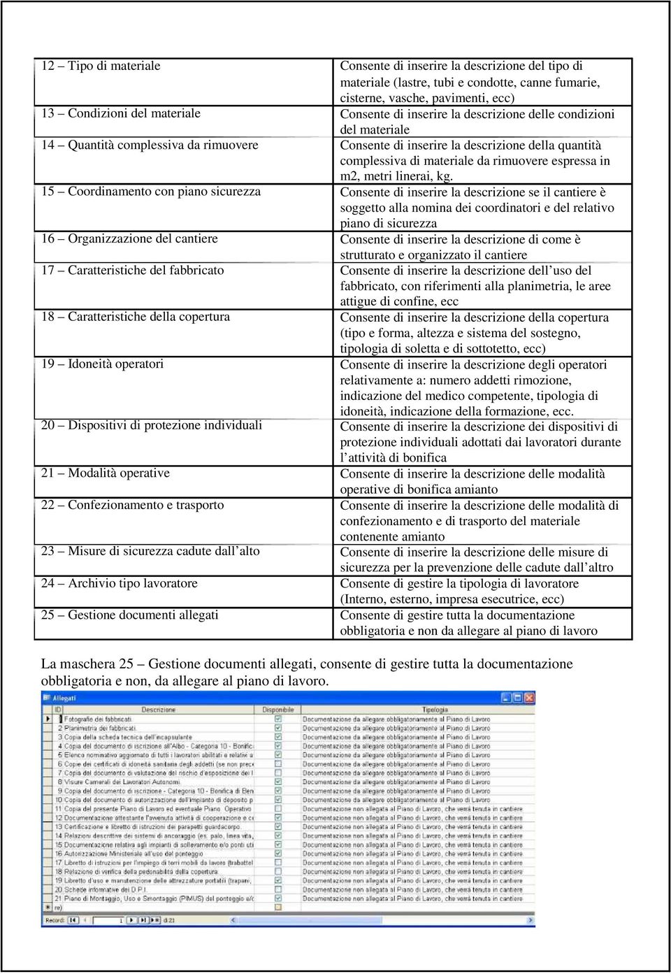 tipo lavoratore 25 Gestione documenti allegati Consente di inserire la descrizione del tipo di materiale (lastre, tubi e condotte, canne fumarie, cisterne, vasche, pavimenti, ecc) Consente di