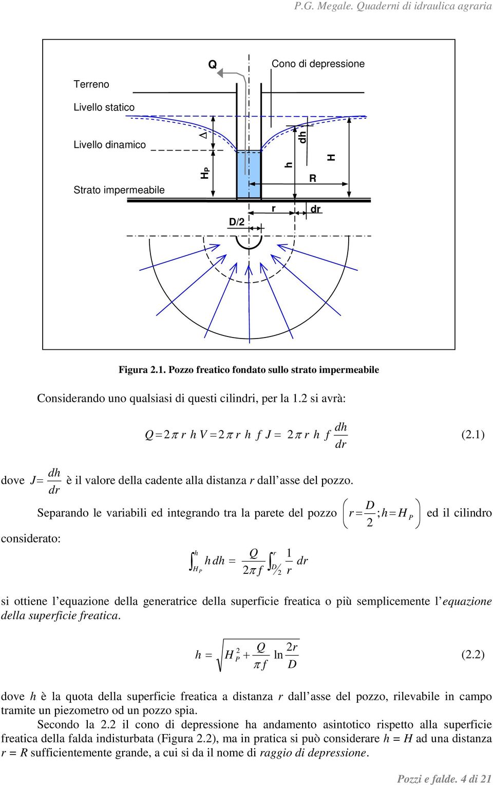 ) dr dh dove J= è il valore della cadente alla distanza r dall asse del pozzo.