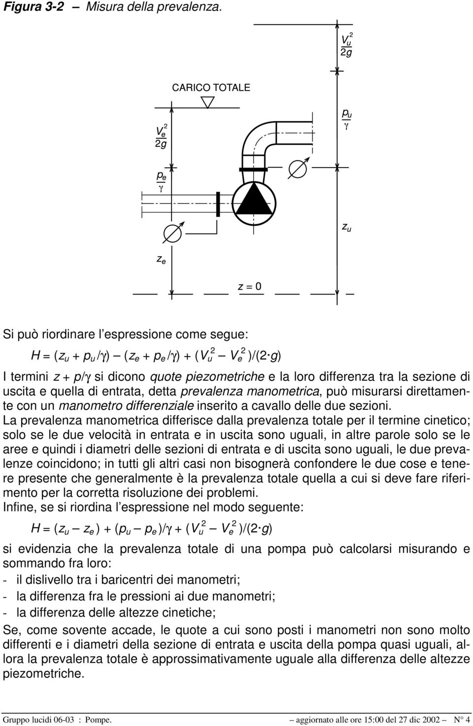 detta prevalenza manometrica, può misurarsi direttamente con un manometro differenziale inserito a cavallo delle due sezioni.