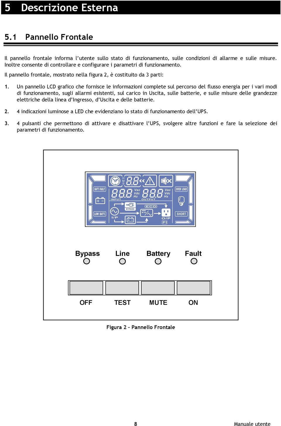 Un pannello LCD grafico che fornisce le informazioni complete sul percorso del flusso energia per i vari modi di funzionamento, sugli allarmi esistenti, sul carico in Uscita, sulle batterie, e sulle