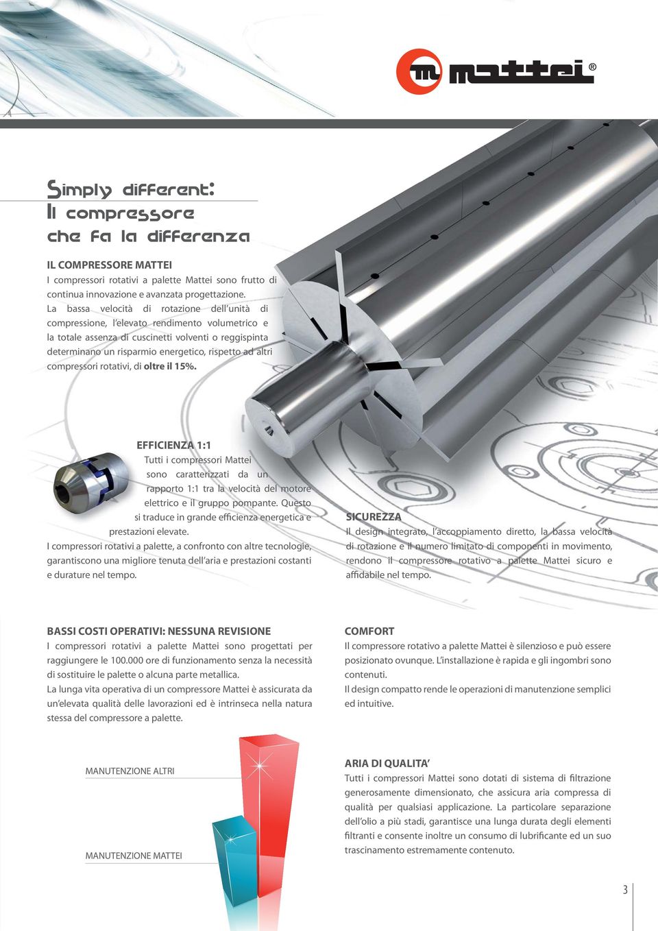 altri compressori rotativi, di oltre il 15%. EFFICIENZA 1:1 Tutti i compressori Mattei sono caratterizzati da un rapporto 1:1 tra la velocità del motore elettrico e il gruppo pompante.