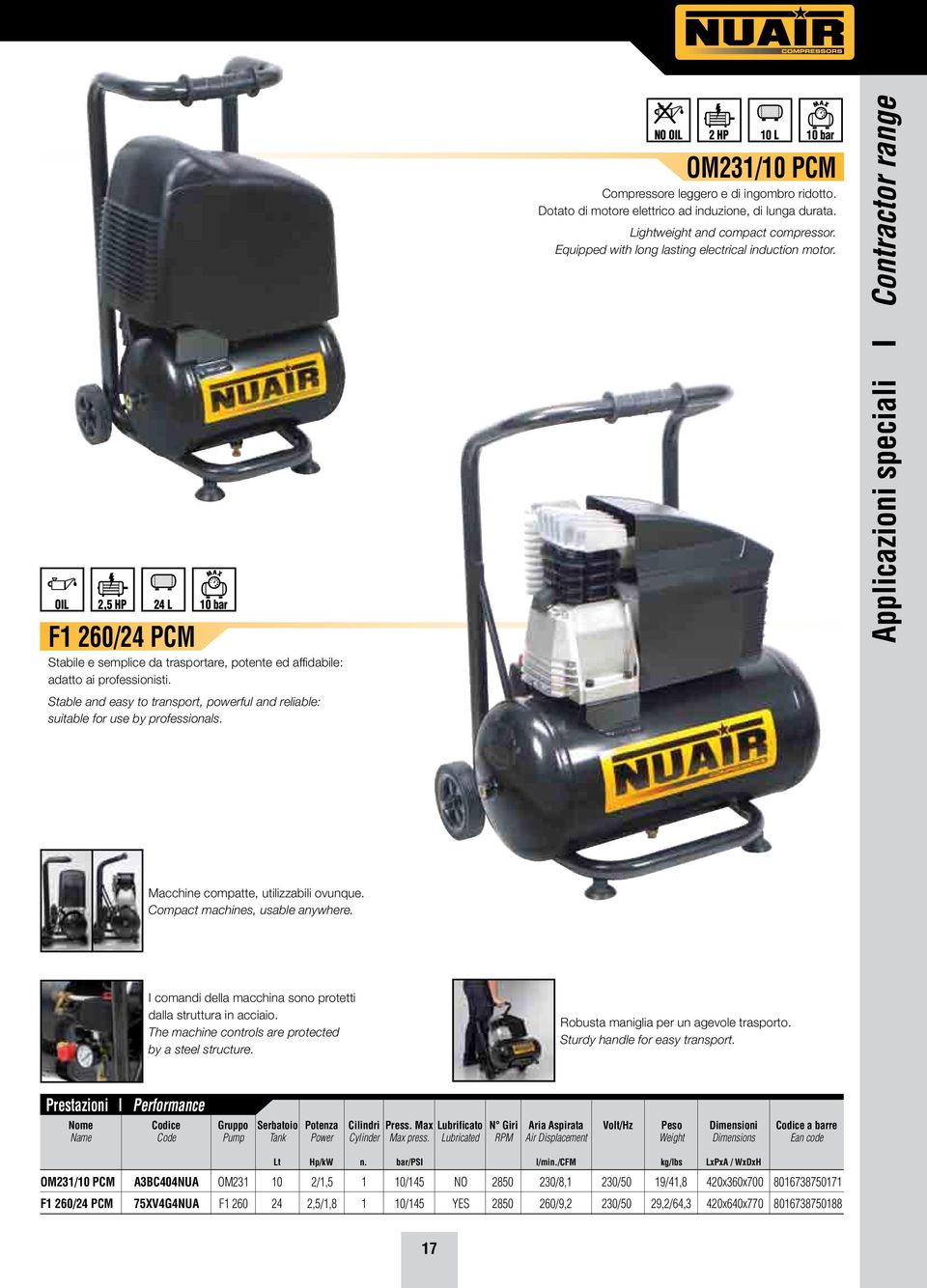 Dotato di motore elettrico ad induzione, di lunga durata. Lightweight and compact compressor. Equipped with long lasting electrical induction motor.